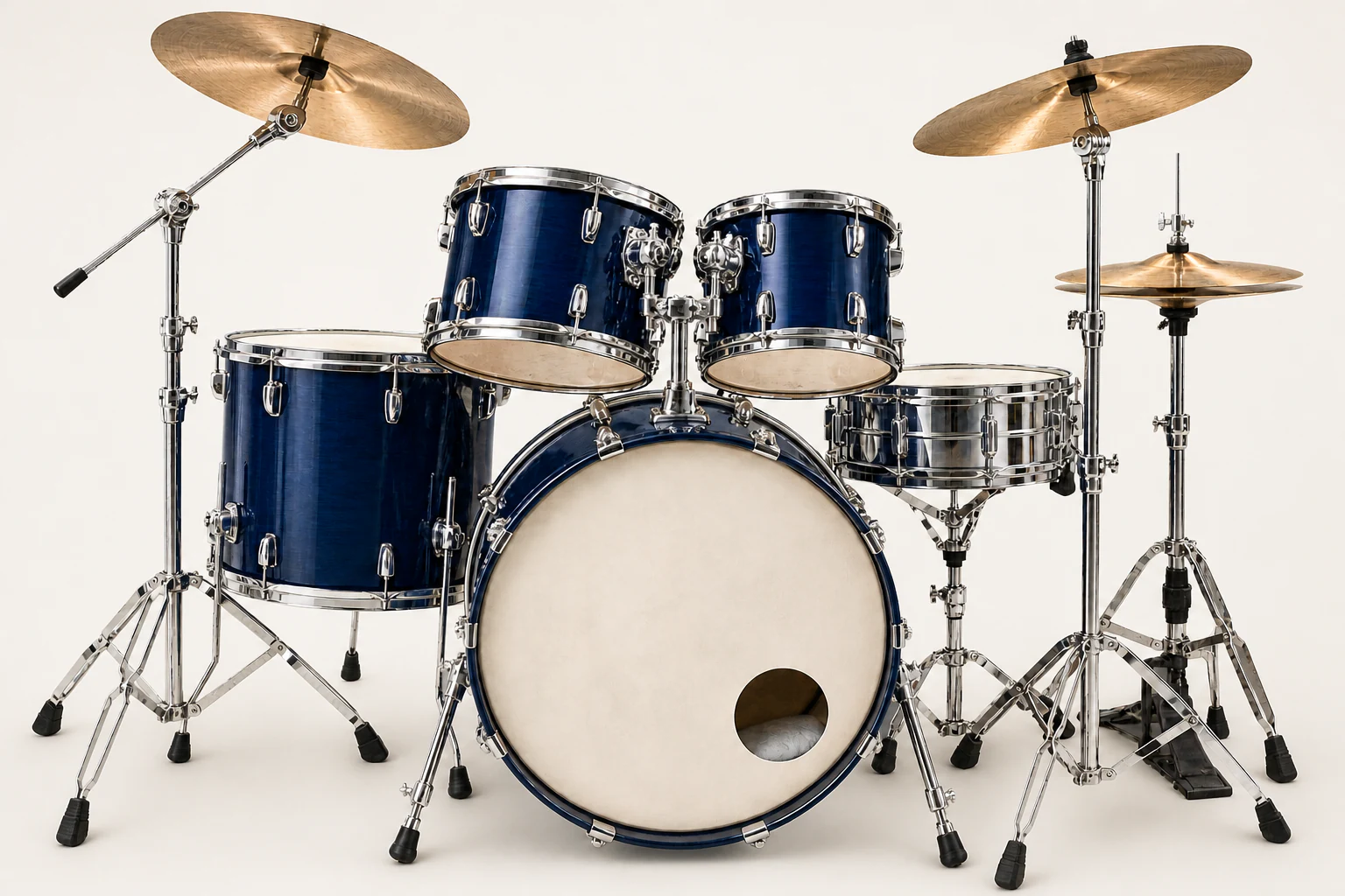 A midnight-blue acoustic drum kit with chrome hardware and bronze cymbals